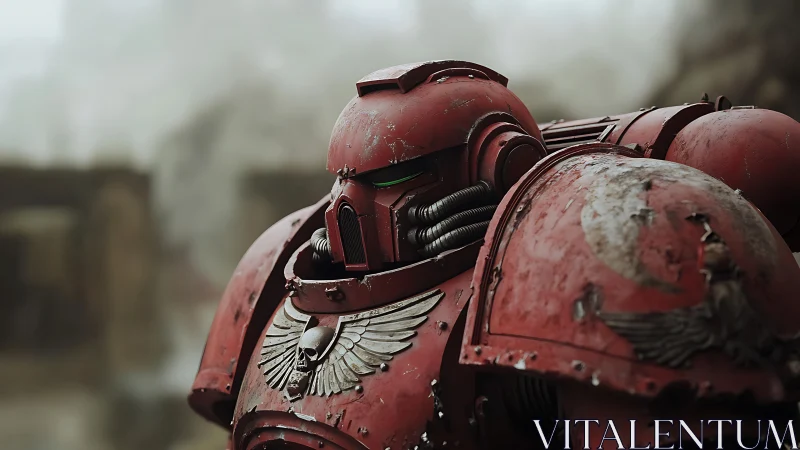 Battle-scarred crimson war armor stalks a fog-dim ruin.