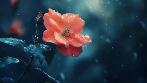Coral blossom suspended in rainfall against deep teal backdrop with selective focus.
