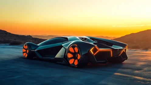 Futuristic concept supercar stands on desert road at sunset.