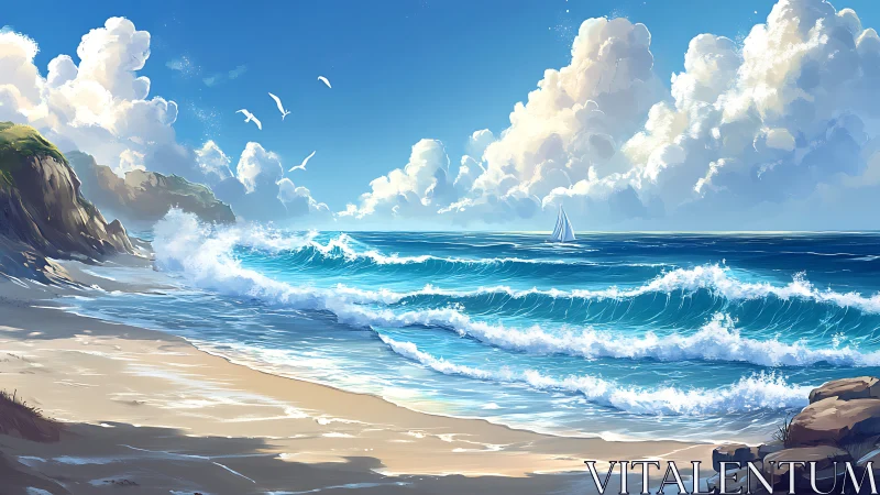 Gentle waves roll toward a sunny beach under soft clouds