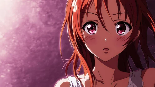 Close-up anime portrait of young woman against violet wall.