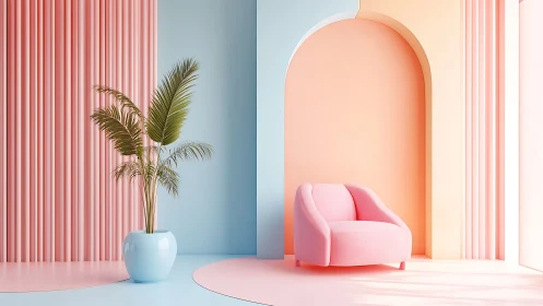 Pastel lounge interior with archway and pink armchair.