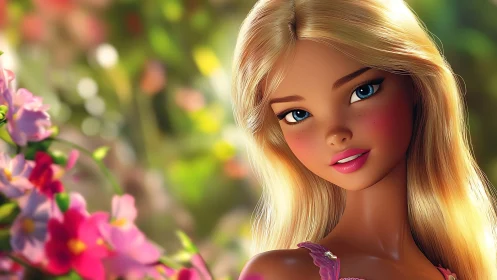 Blond freckled doll portrait in luminous floral garden scene.