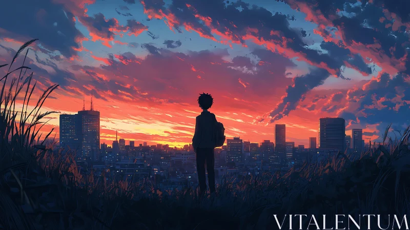 Sunset city dreams with a quiet backpacked wanderer.