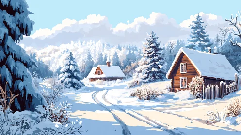 Soft winter sunshine gently wraps quiet snowy cabins