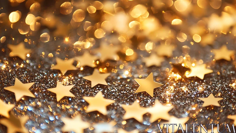 Golden star confetti lies on silver glittered surface