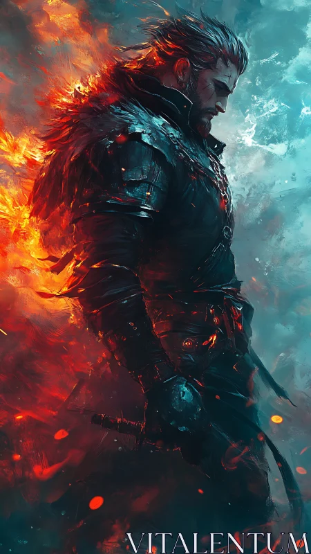 Thermally bifurcated warrior silhouette in turbulent flamescape.