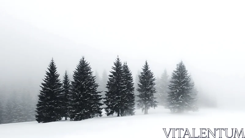 Snow covered evergreen trees in dense winter fog landscape.