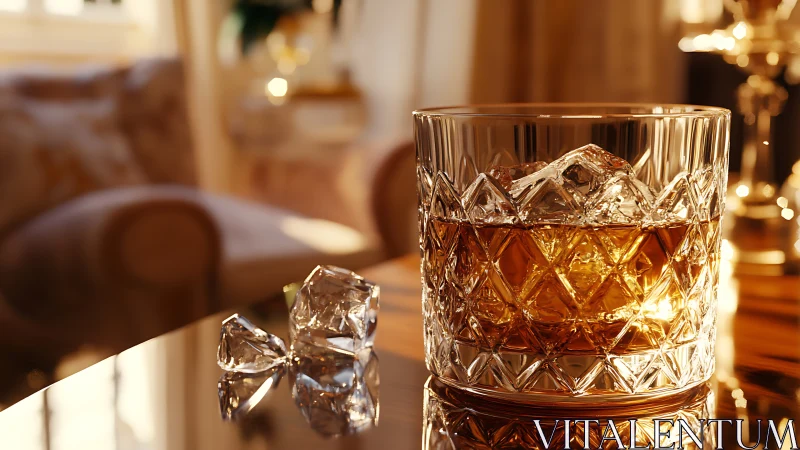 Cut-crystal whiskey glass in warm golden lounge light.