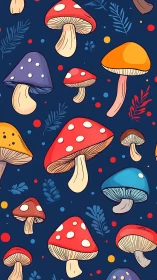 Playful multicolor mushroom pattern on deep navy background.