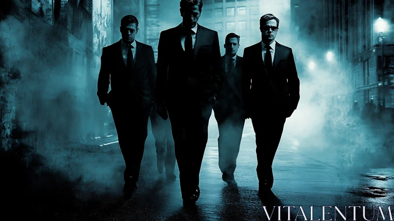 Five suited silhouettes in blue foggy urban nightscape