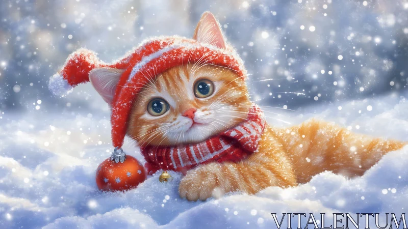 Digital rendering of felid with festive holiday attire positioned in winter snowscape environment