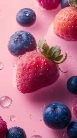 High-key macro study isolates dewy berries on pink surface
