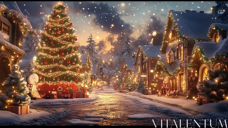 Snowy village street under glowing Christmas tree lights.