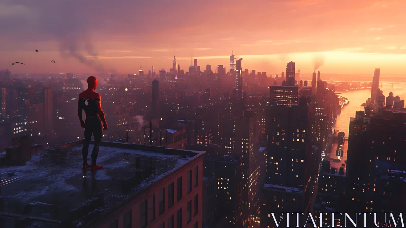 Sunset rooftop hero gazing over a glowing city skyline.