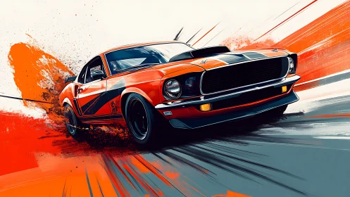 Retro muscle comet drifts through a storm of orange speed.