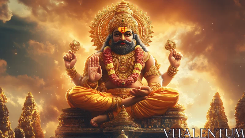 Seated Hindu deity in ornate golden temple environment.