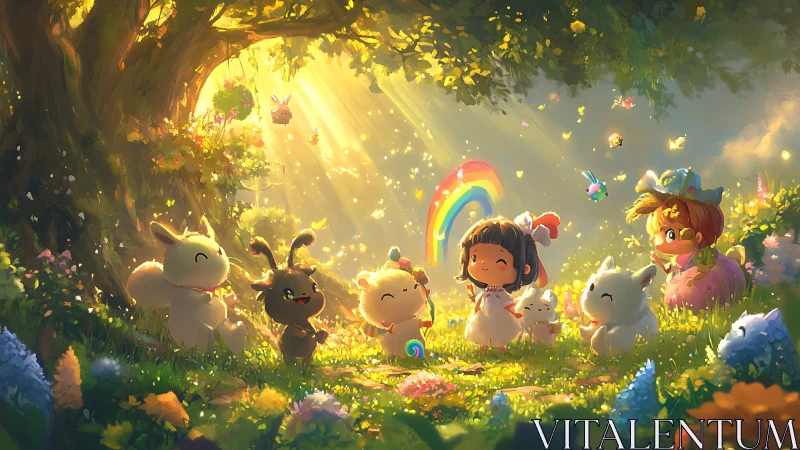Magical forest picnic with girl, rainbow and cute creatures.