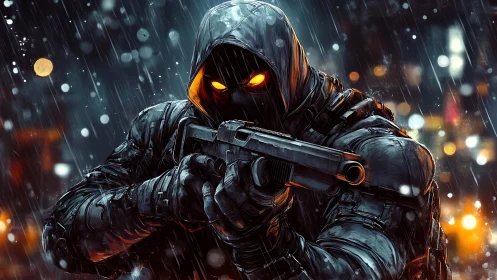 Hooded armed figure in rainy illuminated urban street scene.