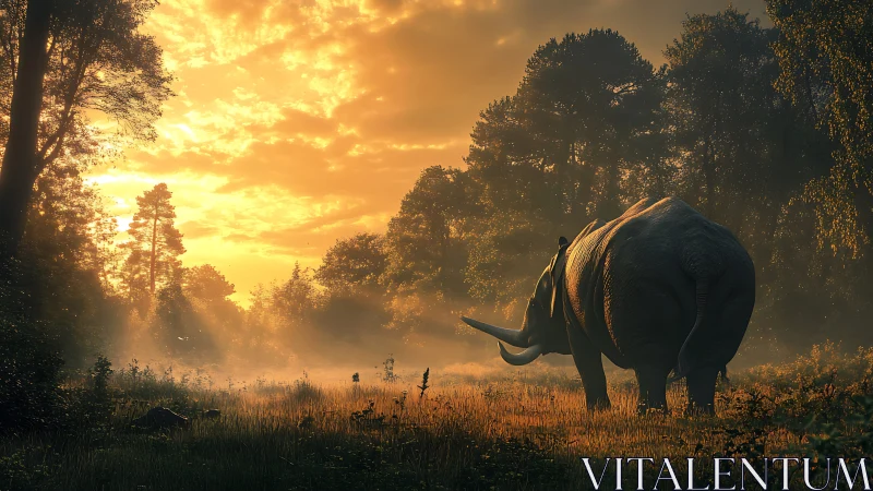 Rhino silhouettes under molten sunrise across misty forest