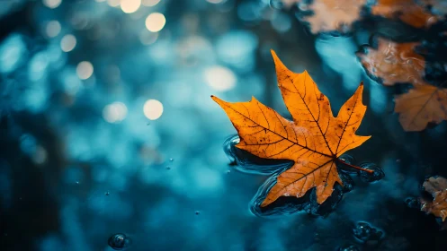 Golden autumn leaf drifts on dreamy blue water bokeh.