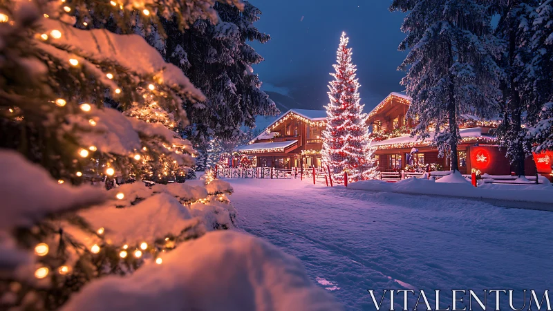 Snow covered lodge with warm Christmas lights at dusk.