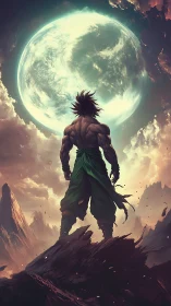 Muscular warrior stands before massive glowing planet