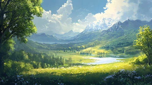Sunlit mountain valley opens into a bright, peaceful meadow
