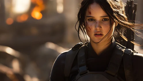 Battle-worn archer framed in shallow depth with cinematic backlight