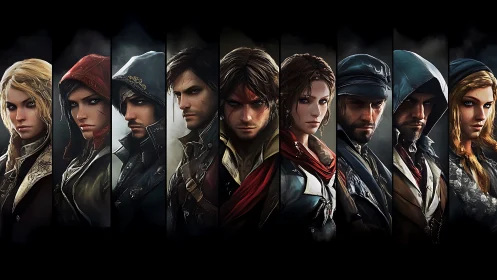 Nine hooded rogue portraits aligned in dramatic digital chiaroscuro