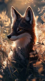 Digital fox portrait in warm sunset meadow light.
