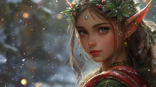Winter woodland elf maiden in softly falling snowlight.