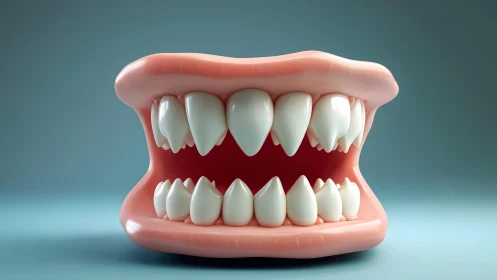 Realistic Dentures with Sharp Animal-Like Teeth, Surreal Style.