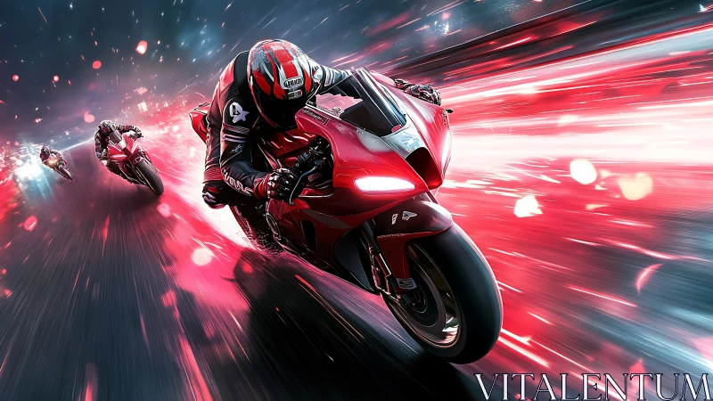 Red superbike racer cuts through neon speed trails at night