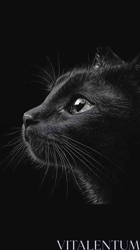 Monochromatic feline head rendered with fine-line etching technique