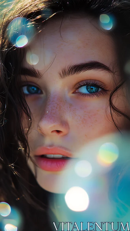 Close-up portrait of young woman with blue eyes and freckles.