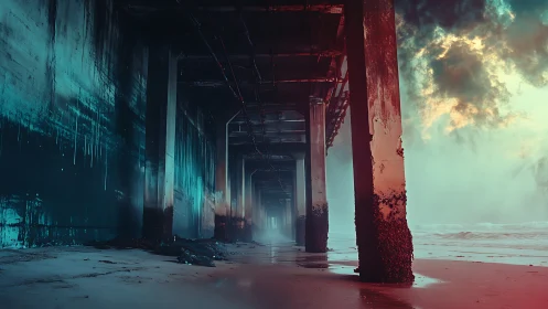 Under the stormy pier, neon tides whisper to the shore.
