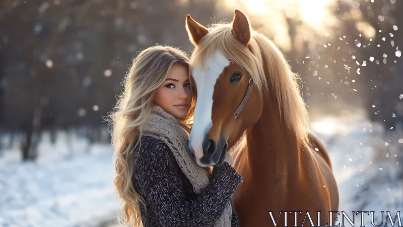 Young woman stands beside horse in shallow depth of field