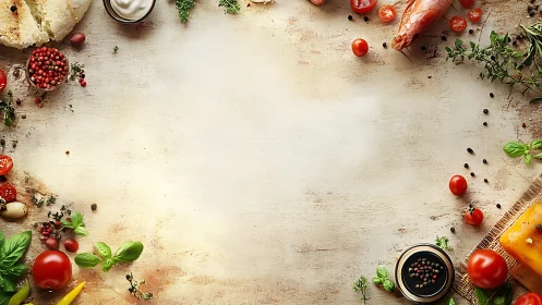 Rustic cooking background with herbs, spices and fresh food.