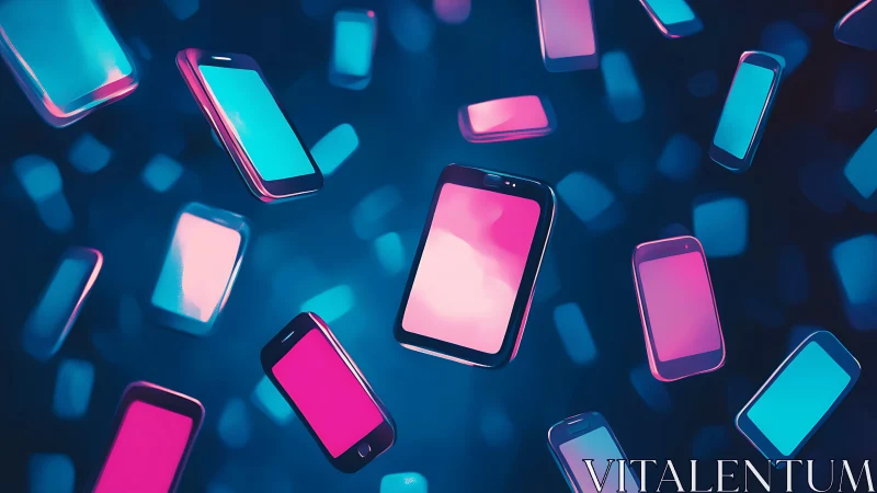 Floating smartphones rendered with neon bokeh lighting and depth cues