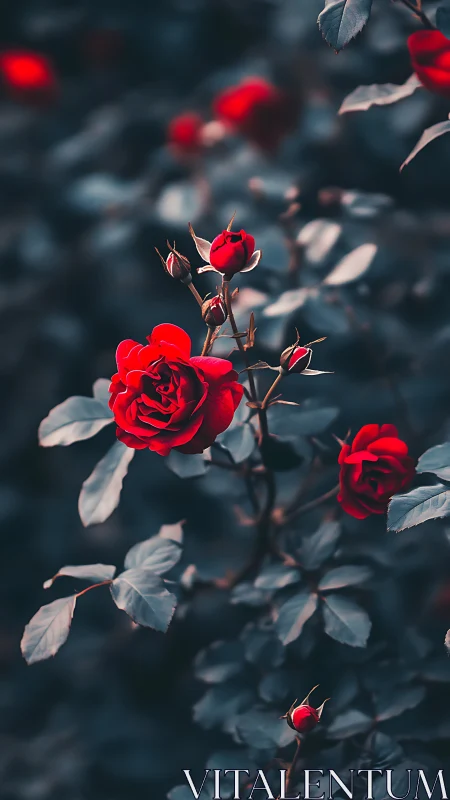 Vibrant Red Roses Bloom with Grace in Moody Garden Light
