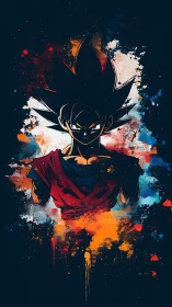 Anime warrior silhouette amid explosive paint splashes.