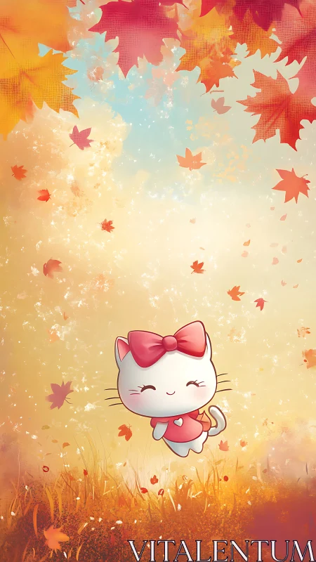 Cartoon kitten character in stylized autumn landscape scene.