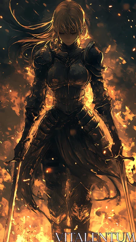 Blazing dusk knight strides through a storm of embers.