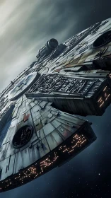 Weathered starship drifting through a quiet cosmic sky.