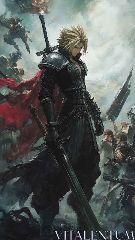 Stoic blonde swordsman stands tall amid stormy battlefield.