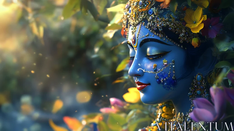 Divine blue portrait glows amid jeweled floral radiance.