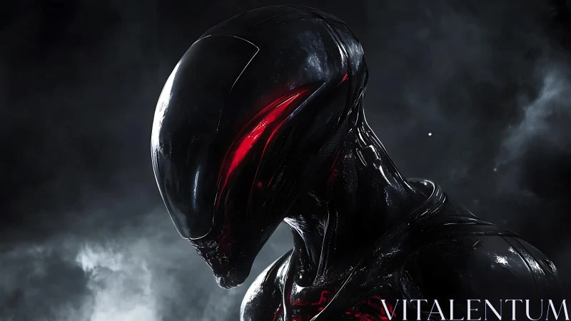Sleek black cyborg with red visor in dark smoke field.