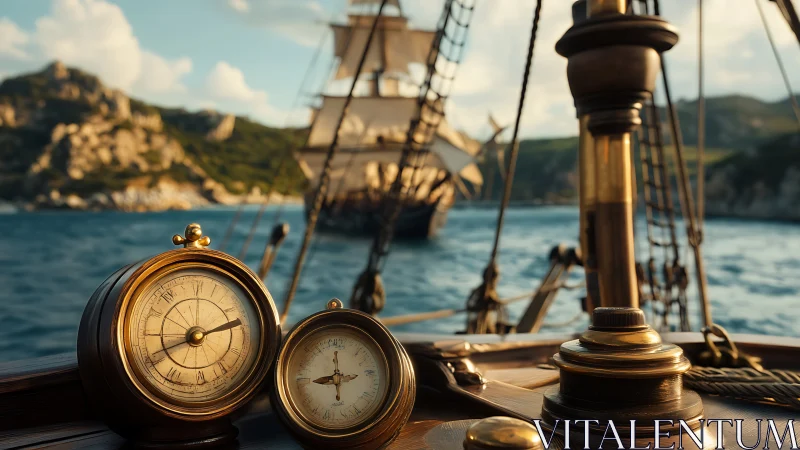 Nautical brass instruments on tall ship deck at sea.
