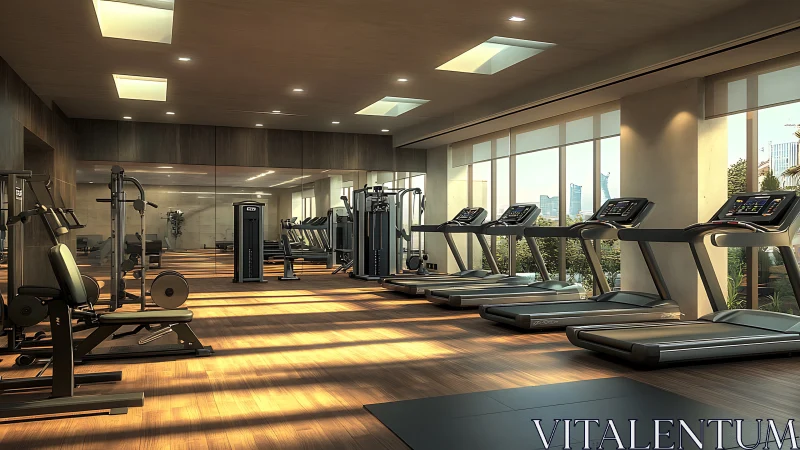 Modern sunlit fitness studio overlooks city skyline views.